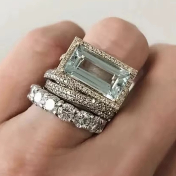 Jewelry - 🩵🩶NEW🩵🩶 STUNNING!! Vintage 3PC Set Aquamarine CZ'S Rings In SILVER Plating